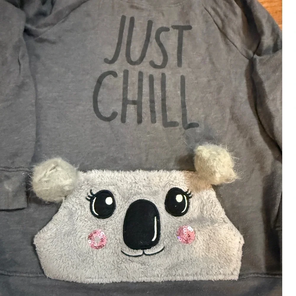 Justice Girls Gray Just Chill Koala Fuzzy Pocket Pullover Hoodie Sweatshirt Sz 8